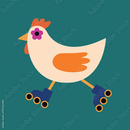 Funny Chicken on Roller Skates Cartoon – Whimsical Animal Illustration with Flower Detail, Colorful and Quirky Hen Clipart for Kids Art, Nursery Decor, Playful Summer Design or Digital Crafts