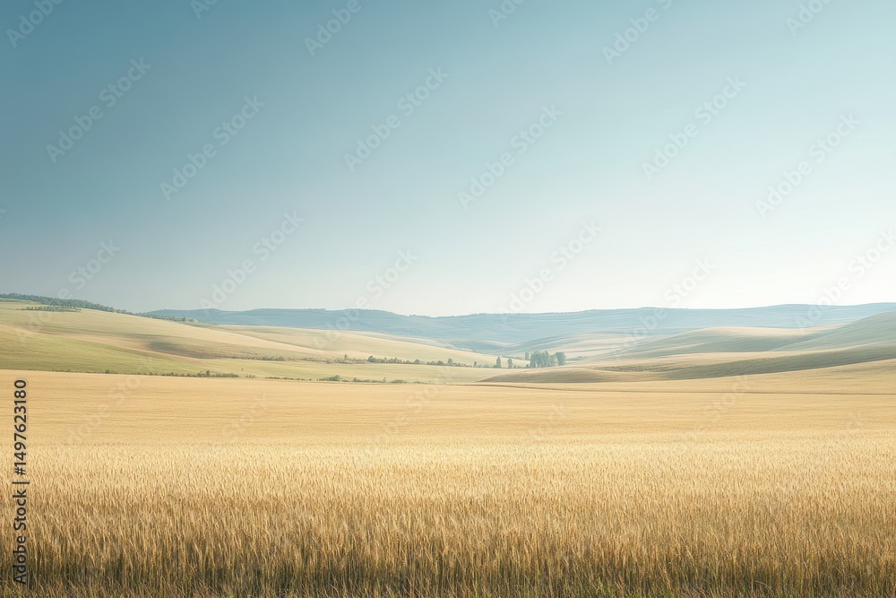 Fototapeta premium Golden wheat field stretches to rolling hills, under a clear, light blue sky. Use this peaceful landscape for travel or nature related content.