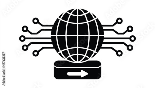 Digital Network: A graphic representation of a digital network, with a globe at the center connected to circuit-like paths, depicting the intricate structure of the internet or data exchange.