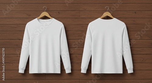 Classic Tee Display: A pristine, long-sleeved t-shirt, captured from both front and back perspectives, hangs elegantly on a wooden hanger, set against a natural wooden backdrop.