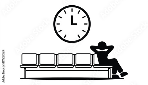 Waiting Room Relaxation: A minimalist illustration depicts a person relaxing on a bench in a waiting room, a clock on the wall indicating the passage of time. 