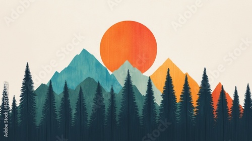 Forest Carbon Concept. Colorful mountains with a large sun behind a dense forest of trees.