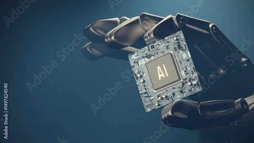 Future technologies. Robotic hand holds artificial intelligence processor and approaches camera. 3D modeling animation and render