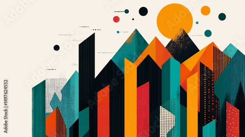 Forest Carbon Concept. Abstract mountain landscape with geometric shapes and vibrant colors.