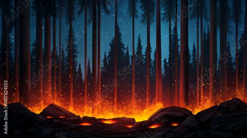 Forest Carbon Concept. Fiery landscape with trees and glowing embers at night.