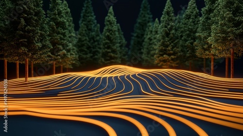 Forest Carbon Concept. Surreal landscape with illuminated lines and dark trees.