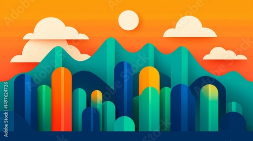 Forest Carbon Concept. Colorful abstract landscape with mountains, clouds, and sun.