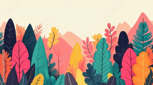 Forest Carbon Concept. Vibrant foliage with mountains in a stylized illustration.
