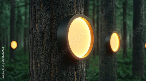 Forest Carbon Concept. Illuminated circles mounted on trees in a lush forest setting.