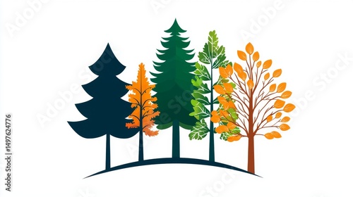 Forest Carbon Concept. Stylized illustration of five colorful trees on a hill.