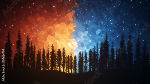 Forest Carbon Concept. Silhouette of trees against a vibrant sunset sky.