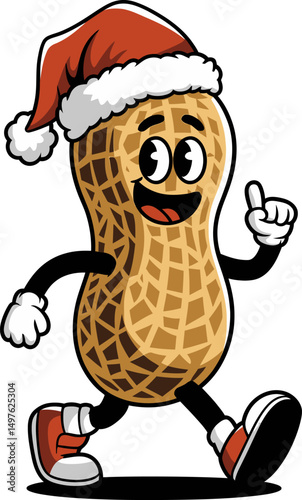 Cartoon peanut character wearing a Santa hat, striking a cheerful pose. Fun and festive design perfect for Christmas cards, merchandise, or holiday decor.