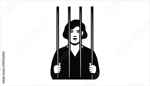Woman Behind Bars: A symbolic illustration of a woman imprisoned behind bars, representing themes of confinement, injustice, and captivity.