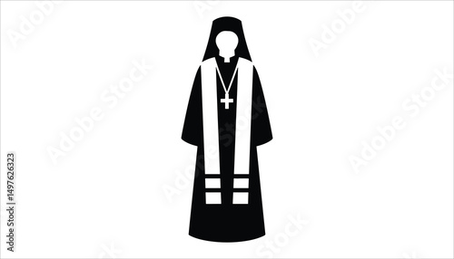 Iconic Clergy Silhouette: A classic black and white icon depicts a clergy member, embodying solemnity and religious devotion with symbolic robes.