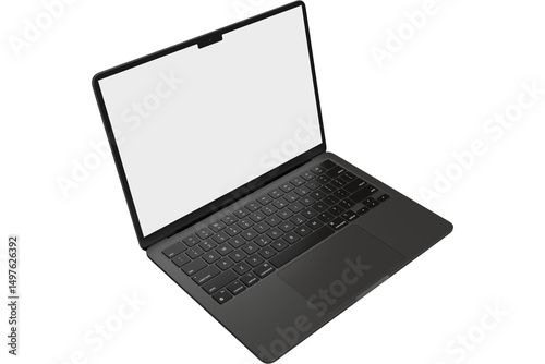 A dark laptop with a white screen is angled to the right on a black background in a studio shot
