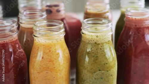 Assorted Fruit Vegetable Smoothies in Glass Bottles Healthy Lifestyle Close Up