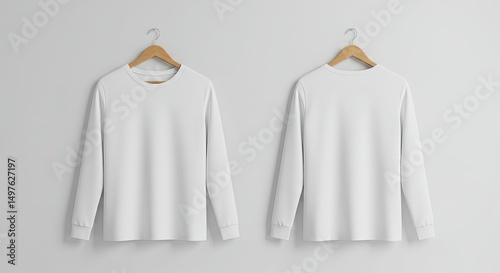 Clean White Long Sleeve T-shirts: A set of pristine long sleeve t-shirts, both front and back view, hanging from wooden hangers against a minimalist background.
