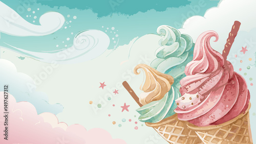 Playful watercolor ice cream background in pink, mint & vanilla swirls – Refreshing summer skincare theme with copy space