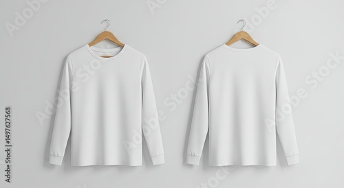 White Long Sleeve Shirt on Hanger: A front and back view of a simple white long-sleeve shirt hangs from a wooden hanger against a clean background, perfect for showcasing apparel and fashion designs.
