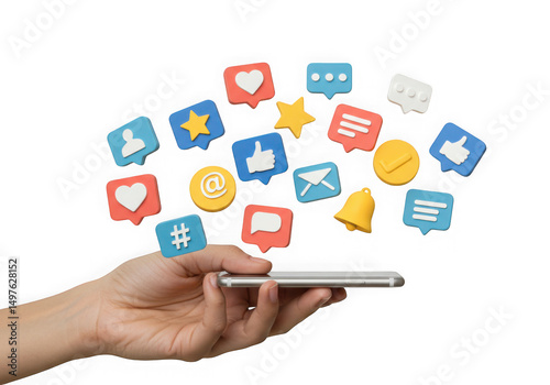 Hand holding phone with social media icons isolated on transparent background