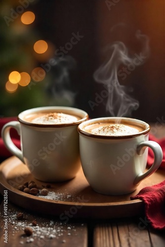 Wallpaper Mural A cozy scene of two mugs of hot cocoa nestled together on a warm, wood surface, steam rising gently  Perfect for representing warmth, comfort, and togetherness ,  love,  wood Torontodigital.ca