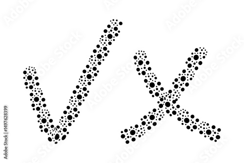 Checkmark and cross made of black dots