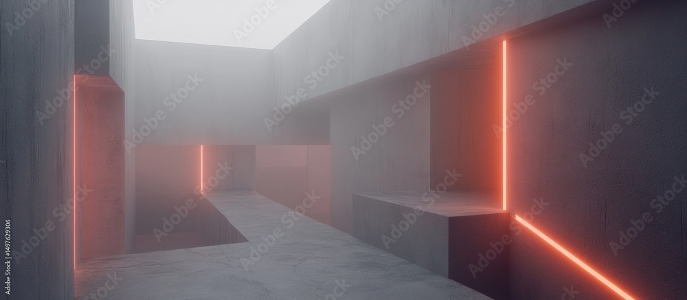 Fototapeta premium Foggy modern architecture with orange neon lights.