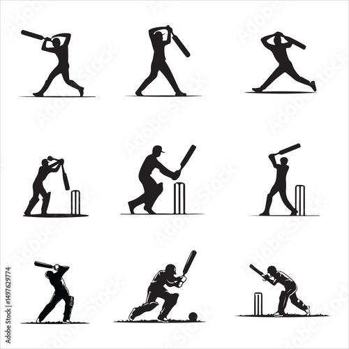 This set of nine dynamic silhouettes depicts various cricket actions, showcasing players batting and wicket-keeping on white background