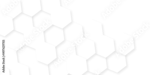 Minimal white hexagonal hexagon modern technology creative emboss light honeycomb polygonal web. abstract geometric science and mosaic tile with template texture background.	
