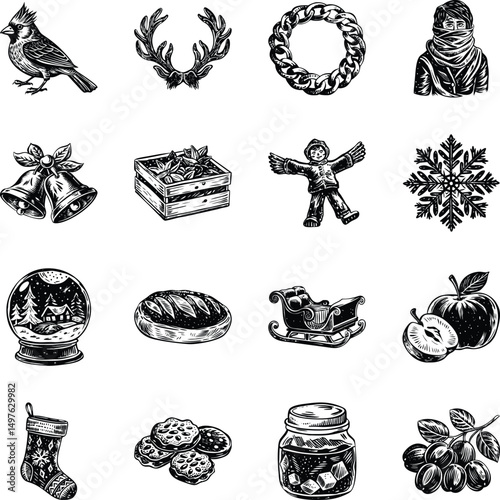 Set of Winter Holiday Art Vintage Illustrations 