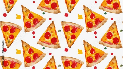 Seamless watercolor pattern with pepperoni pizza
