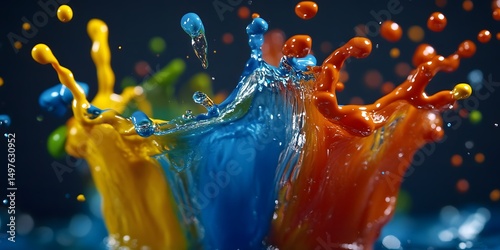 Colorful paint splashes colliding in mid air creating vibrant patterns against a dark background