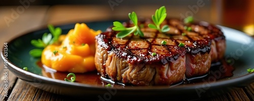 Perfectly charred steak, honey-glazed sweet potato pur?e , winter, autumn, grill
