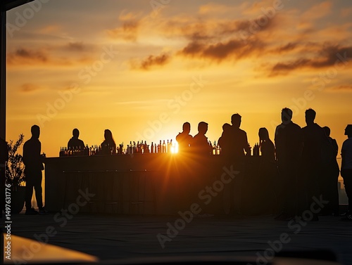 1. People enjoying a sunset rooftop party with drinks