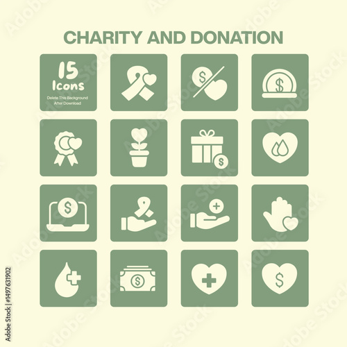 Essential charity and donation icons collection representing social support volunteering fundraising and humanitarian aid for various causes