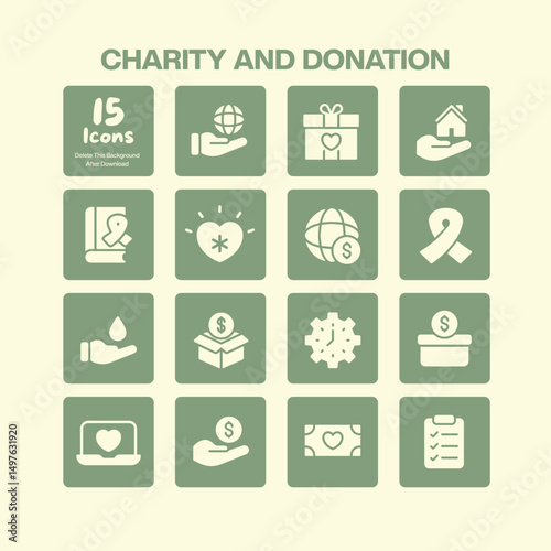 Essential charity and donation icons collection representing social support volunteering fundraising and humanitarian aid for various causes