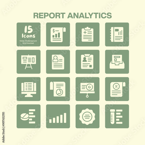 Report analytics icons collection representing business data analysis financial reporting and statistical insights for corporate management