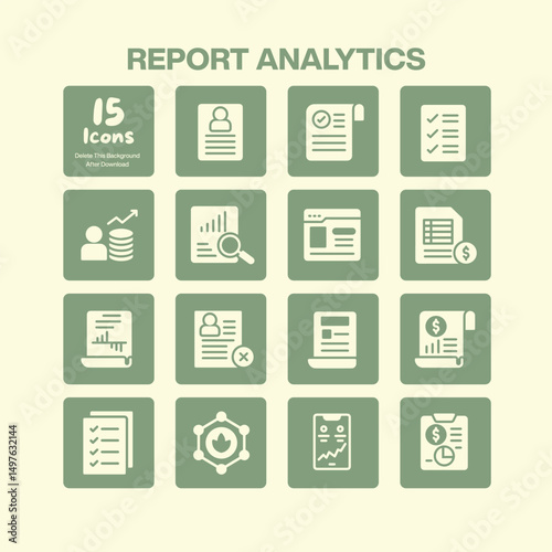 Report analytics icons collection representing business data analysis financial reporting and statistical insights for corporate management