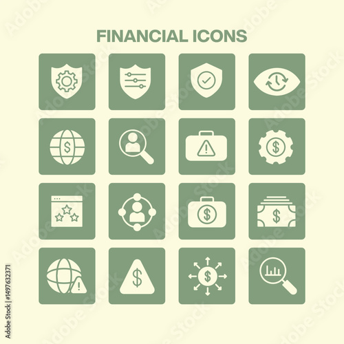 A comprehensive set of sixteen financial icons representing various aspects of money management risk assessment security and data analysis for business and economic themes