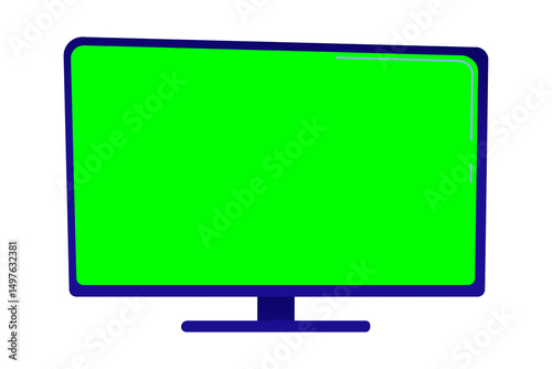 A blue television with a bright green screen set against a solid black background in a simple style