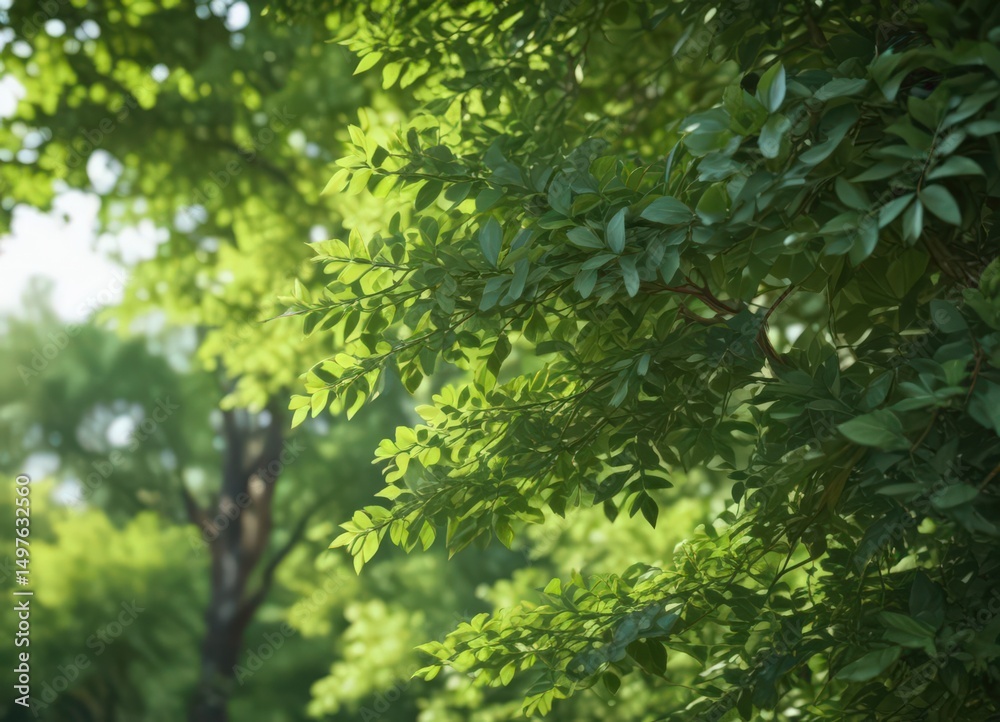 Fototapeta premium Blurred green leaves, dappled light, soft focus, lush foliage, unfocused, peaceful, diffuse