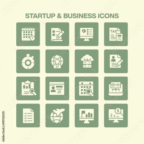 A comprehensive collection of sixteen startup and business icons representing planning strategy analysis global reach and financial management for entrepreneurial and corporate themes