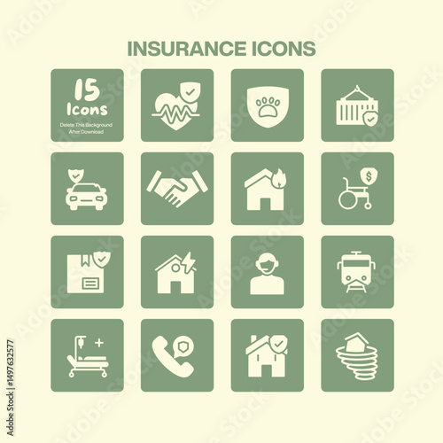 A comprehensive collection of fifteen insurance icons representing health auto home travel personal property and various protection concepts for security and peace of mind themes