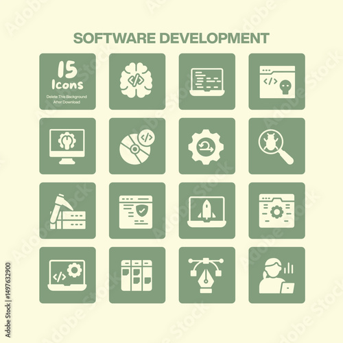 Modern software development icons pack featuring symbols for coding programming web design security API and collaborative project management solutions