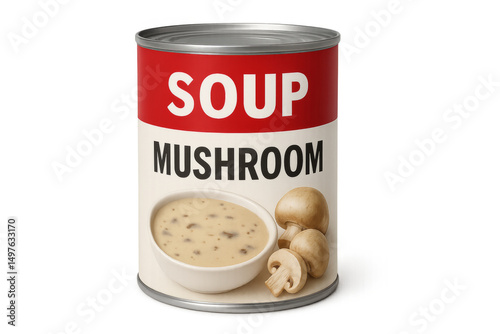 Mushroom soup can with transparent background displaying flavor and ingredients