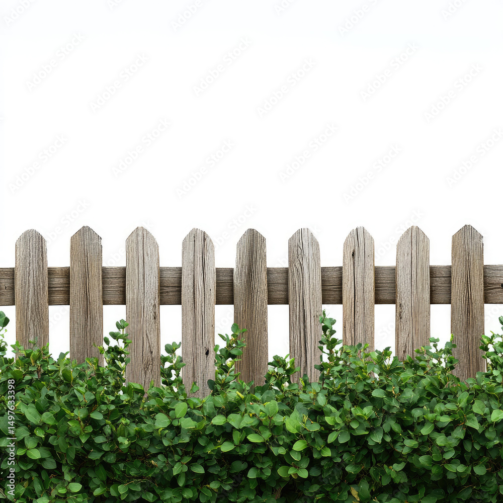 Naklejka premium Old wooden fence with green hedge plants on white background