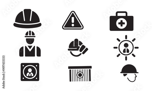 A set of simple, black silhouette icons depicting safety equipment, personnel, and warnings, suitable for use in industrial, construction, or safety-related contexts on white background