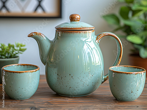 Scandinavian Niche Shot: Pastel Blue Enamel Tea Set on Sleek Teak Shelf