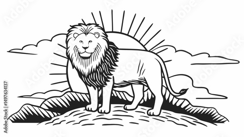 Illustration of a lion standing on a hill with sun rays and clouds in a black and white drawing style created with generated ai