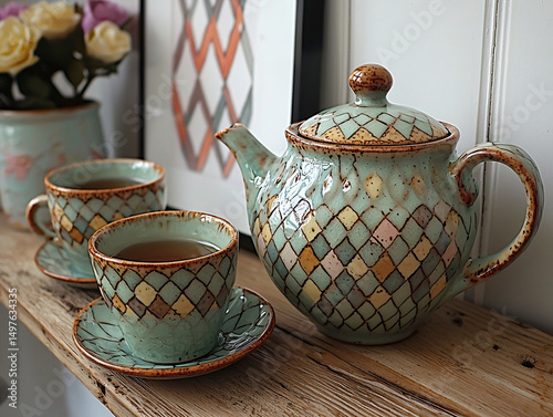 Scandinavian Niche Shot: Pastel Blue Enamel Tea Set on Sleek Teak Shelf